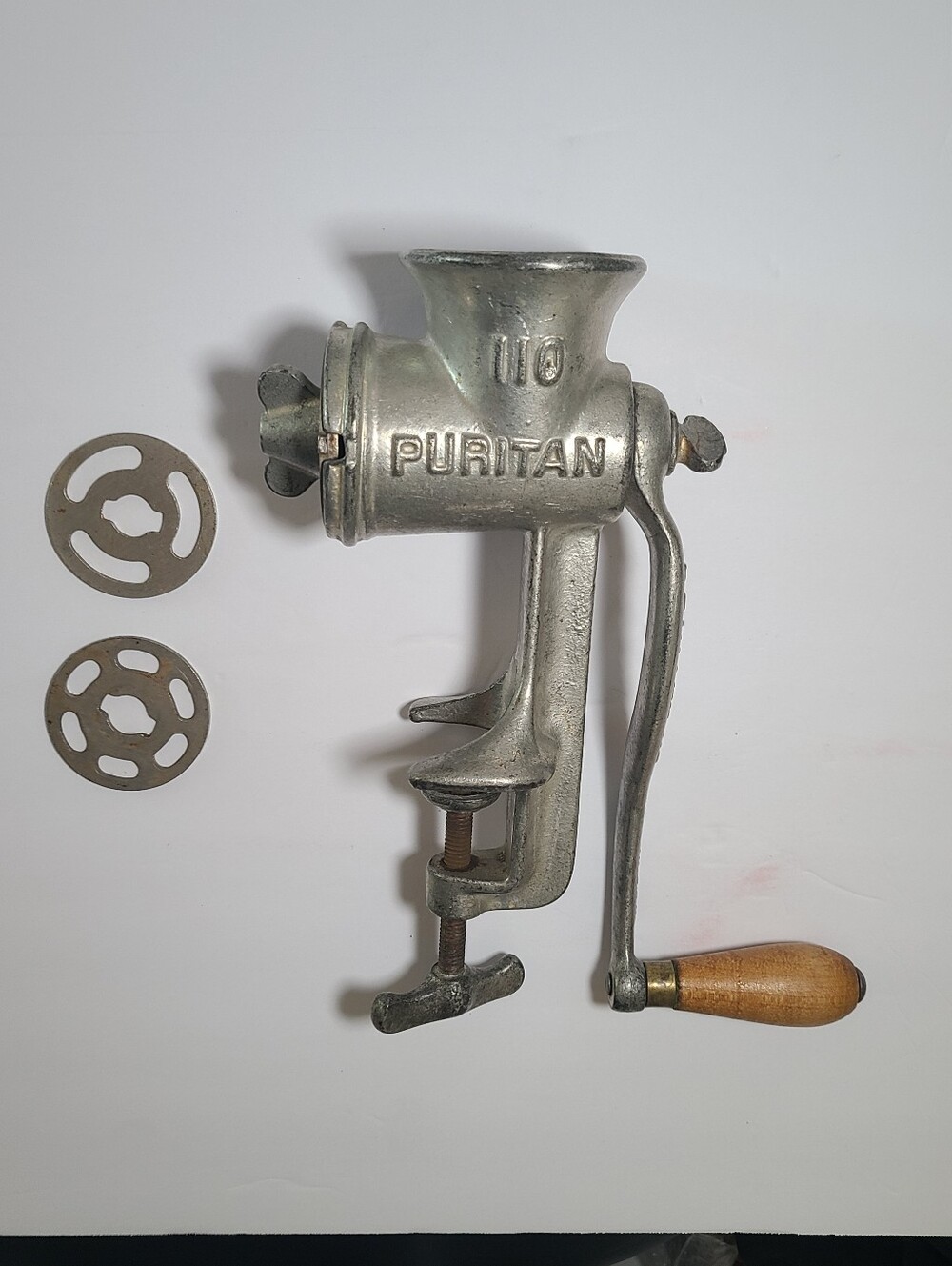 Puritan Silver Metal Hand Crank Meat Grinder with Wooden Handle